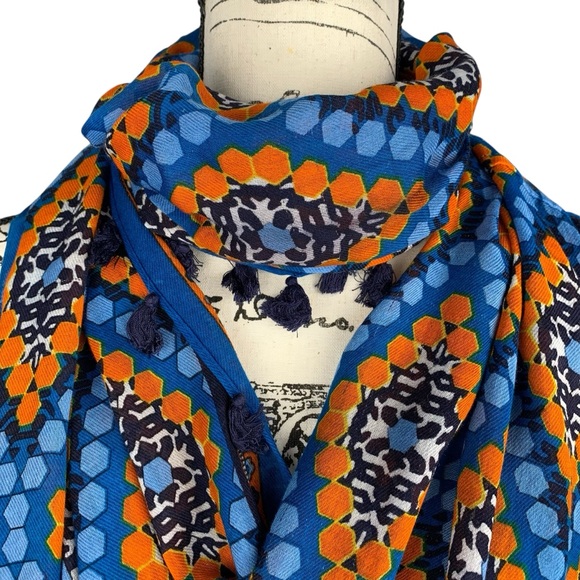 Bohemian Blue & Orange Geometric Hexagon Diamond Print Infinity Scarf Tassels - Picture 5 of 12